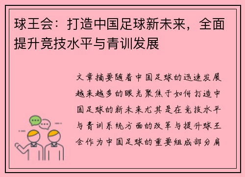 球王会：打造中国足球新未来，全面提升竞技水平与青训发展
